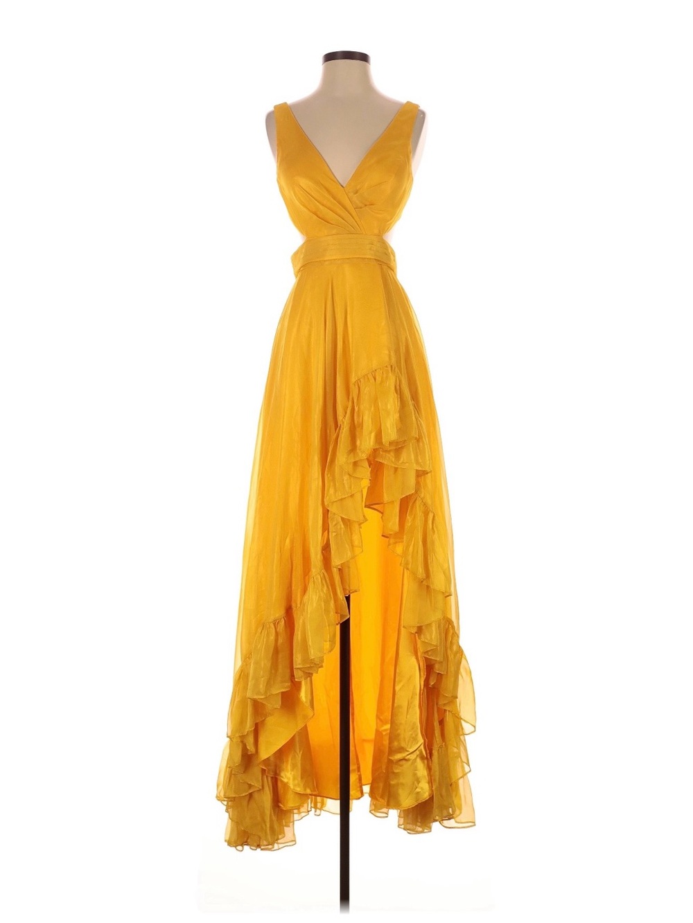 Mac Duggal Mustard Yellow High-Low Ruffle Evening Gown